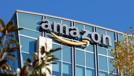 A photo of the outside of an Amazon building on a sunny day.