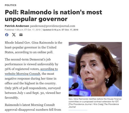 A screenshot of a news clipping; the headline reads "Poll: Raimondo is nation's most unpopular governor."